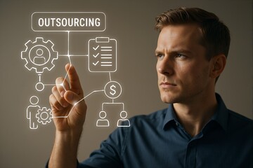 Businessman interacting with outsourcing concepts on virtual interface Outsourcing process icons