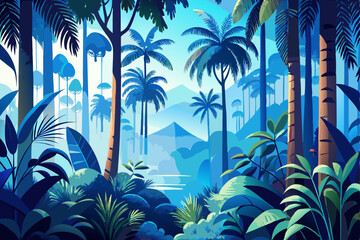 Blue jungle mural with tall royal palms and tropical fern layers, white background © Cartoon Maker 2