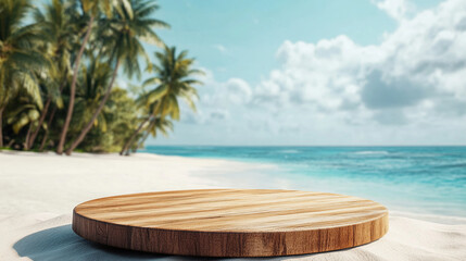 Tropical beach product display mockup wooden platform summer vacation background turquoise sea and palm trees
