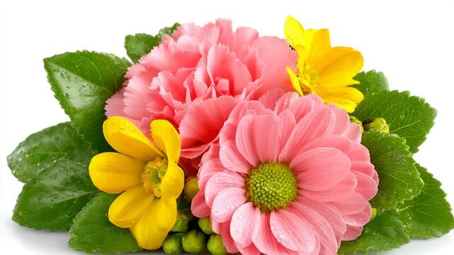 Pink Carnation Chrysanthemum and Yellow Buttercup Flowers with Green Leaves Bouquet on White Background