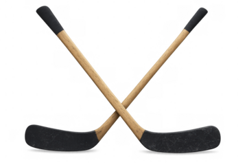 Two old wooden hockey sticks crossing each other on a transparent background, creating a dynamic composition ready for customization