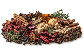 Fototapeta premium Aromatic blend of spices including star anise, cinnamon, chilies, peppercorns, and dried herbs.