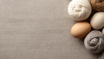 A brown egg and several balls of beige, gray, and brown yarn rest on a neutral linen fabric. Ample copy space