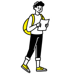 Curious Traveler Reading Map – Modern Vector Illustration of Young Explorer with Backpack