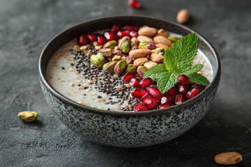 Fototapeta premium Healthy Breakfast Bowl with Almonds, Chia Seeds, and Pomegranate Seeds