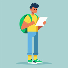 Curious Traveler Reading Map – Modern Vector Illustration of Young Explorer with Backpack