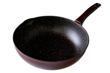 Red frying pan with a non stick teflon coating isolated on transparent background. Ideal for...
