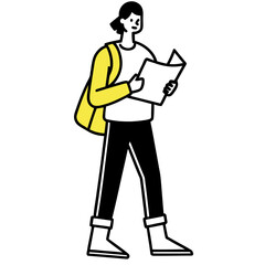 Curious Traveler Reading Map – Modern Vector Illustration of Young Explorer with Backpack