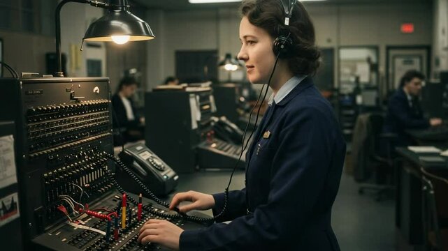 A young woman in a vintage telephone exchange operating a switchboard, showcasing her expertise in telecommunication during the mid-20th century, in a bustling office environment.