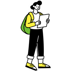 Curious Traveler Reading Map – Modern Vector Illustration of Young Explorer with Backpack