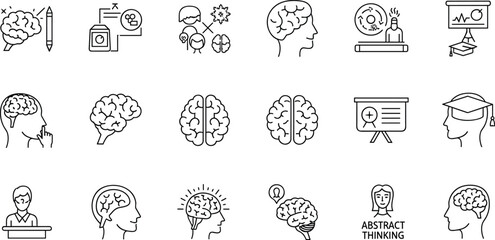 Mind, brain concept line icon set. Vector pictograms of mental processes, learning, creativity, problem-solving, mindfulness, memory, cognitive development, abstract thinking thin