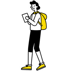 Curious Traveler Reading Map – Modern Vector Illustration of Young Explorer with Backpack