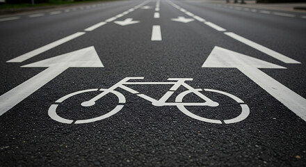 A clear white bicycle symbol and arrows painted on dark asphalt, designating a dedicated urban bike lane for cycling.
