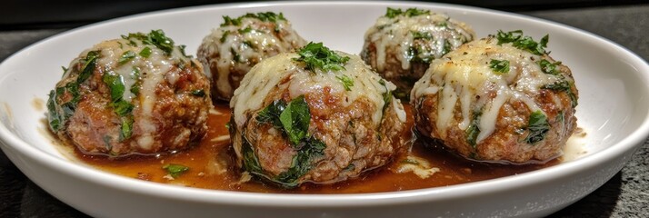 Baked Meatballs with Melted Cheese - Close-up of five savory meatballs, baked to perfection and topped with melted cheese and fresh herbs, served in a rich brown sauce