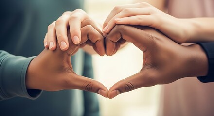 Obraz premium Interracial couple forming a heart shape with their hands, symbolizing love, unity, and connection.