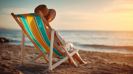 Woman relaxing on beach chair at sunset summer vacation travel destination and coastal holiday getaway 100