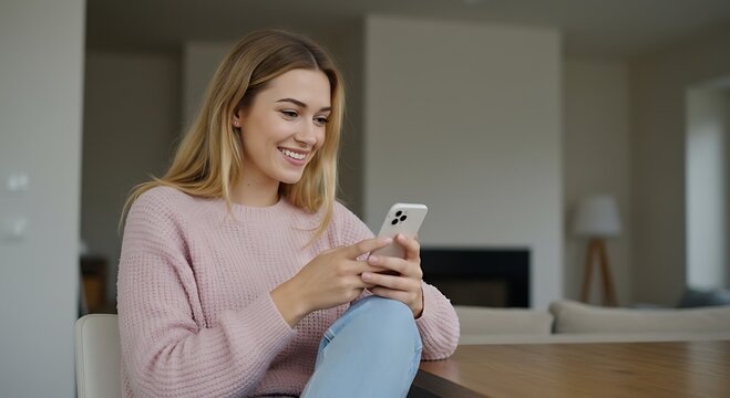 Young smiling pretty woman holding smartphone using cell mobile phone taking break relaxing while remote working or learning from home sitting on chair at table. Generative AI - Powered by Adobe