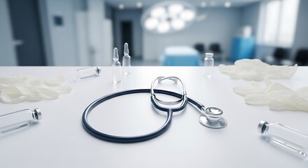 Medical Examination Room with Stethoscope Gloves and Vials on a White Tabletop Surface