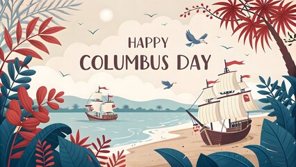 Happy Columbus Day: Ships arriving at a tropical beach