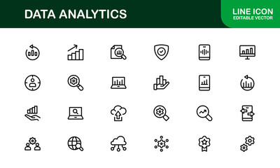 Vector Icons for Data Analytics Including Graphs, Statistics, Insights, Dashboards, and Analysis Tools