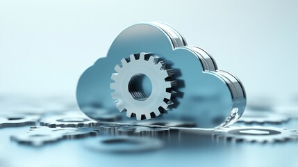 Cloud Computing and Gear System - A 3D of a metallic cloud symbol with a gear inside, representing cloud computing and its mechanics. The background features a field of smaller gears