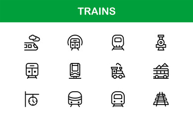 Train transport modern line icon set featuring professional, clean, and minimal vector illustrations. Includes railway, locomotive, and transit symbols.