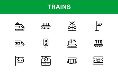 Train transport modern line icon set featuring professional, clean, and minimal vector illustrations. Includes railway, locomotive, and transit symbols.