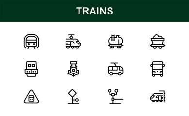 Train transport modern line icon set featuring professional, clean, and minimal vector illustrations. Includes railway, locomotive, and transit symbols.