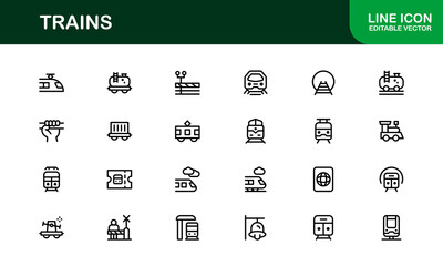 Train transport modern line icon set featuring professional, clean, and minimal vector illustrations. Includes railway, locomotive, and transit symbols.