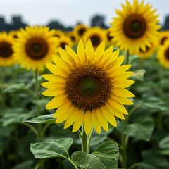 Obraz premium A vibrant sunflower in full bloom stands prominently in a field, surrounded by lush green leaves, capturing the essence of summer and nature's beauty. 