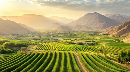 Vineyard valley at sunset. Lush green rows of vines cascade down a valley. Mountains rise in the background
