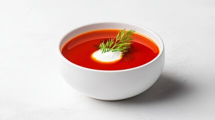 Delicious Red Soup in Bowl - A bowl of vibrant red soup garnished with sour cream and dill. Perfect for a comforting meal