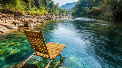 Tranquil bamboo chair floats in crystal-clear river