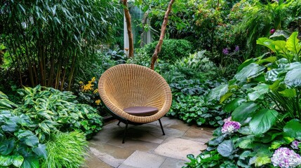 Relaxing wicker chair in lush greenhouse garden