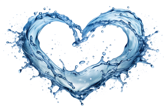 A heart shape formed by a dynamic splash of clear blue water isolated on a transparent background - Powered by Adobe