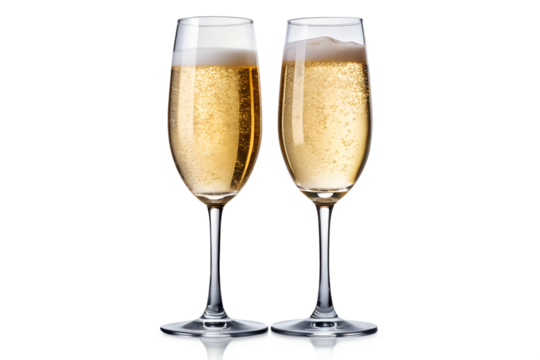 Two flutes filled with golden champagne with rising bubbles isolated on a transparent background
