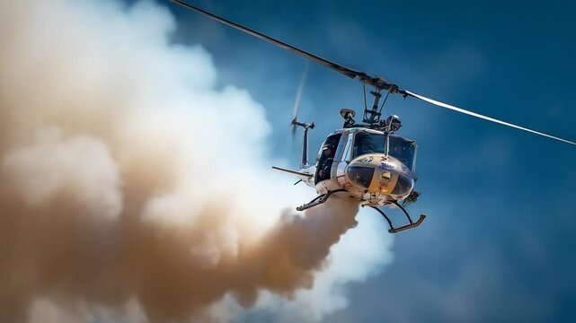 Bell UH-1 Iroquois Helicopter in Flight, Smoke Trail