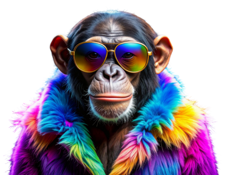 Cool Chimpanzee with Aviator Sunglasses and Neon Fur Coat – PNG Isolated