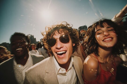 Street photography of a group of young smiling people dancing at a rooftop party, wide-angle shot on the rooftop, dressed in casual urban outfits, generated image