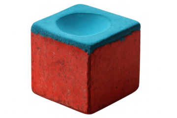 Close-up of a red billiard chalk cube with a concave blue top, isolated on a transparent background, ready for enhancing gameplay