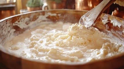 Fresh Homemade Cheese Preparation in Traditional Wooden Bowl
