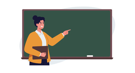Cheerful teacher with book pointing at a blank green chalkboard in a classroom setting, ready for lesson content and educational presentation