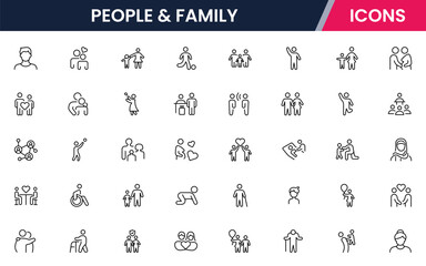 Vector line icons of parents, children, home, love, activities, family time, relationships, bonding, and care ideal for apps and websites.