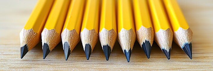 Sharpened yellow pencils aligned on a wooden surface create a school stationery background.