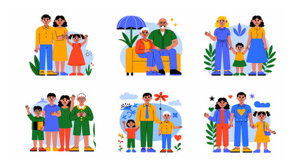 Diverse family portraits showcasing multigenerational bonds and love in a variety of colorful, modern vector illustrations with happy expressions and engaging poses
