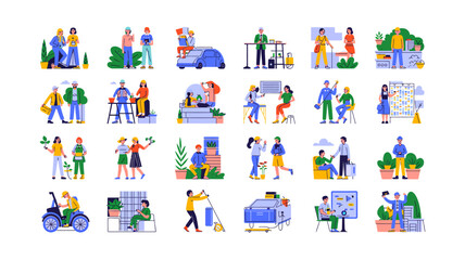 Obraz premium Diverse group of people engaging in various activities showcasing modern lifestyles and occupations with colorful flat vector illustrations