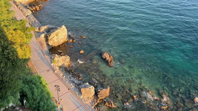Panoramic Sea view from Kanli Kula Fortress in Herceg Novi. Adriatic sea waves top view