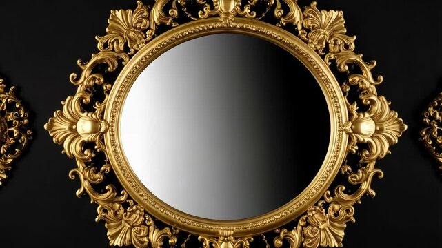 Elegant oval mirror with ornate gold frame and matching gold wall decorations on a dark background.