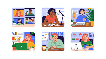 Diverse professionals engaging in remote work activities from their homes illustration concept