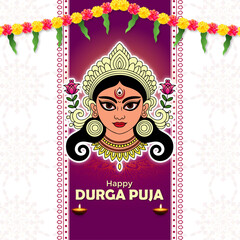 Happy Durga Puja Banner Collection with Goddess Illustration and Traditional Decorations Bengali Woman 